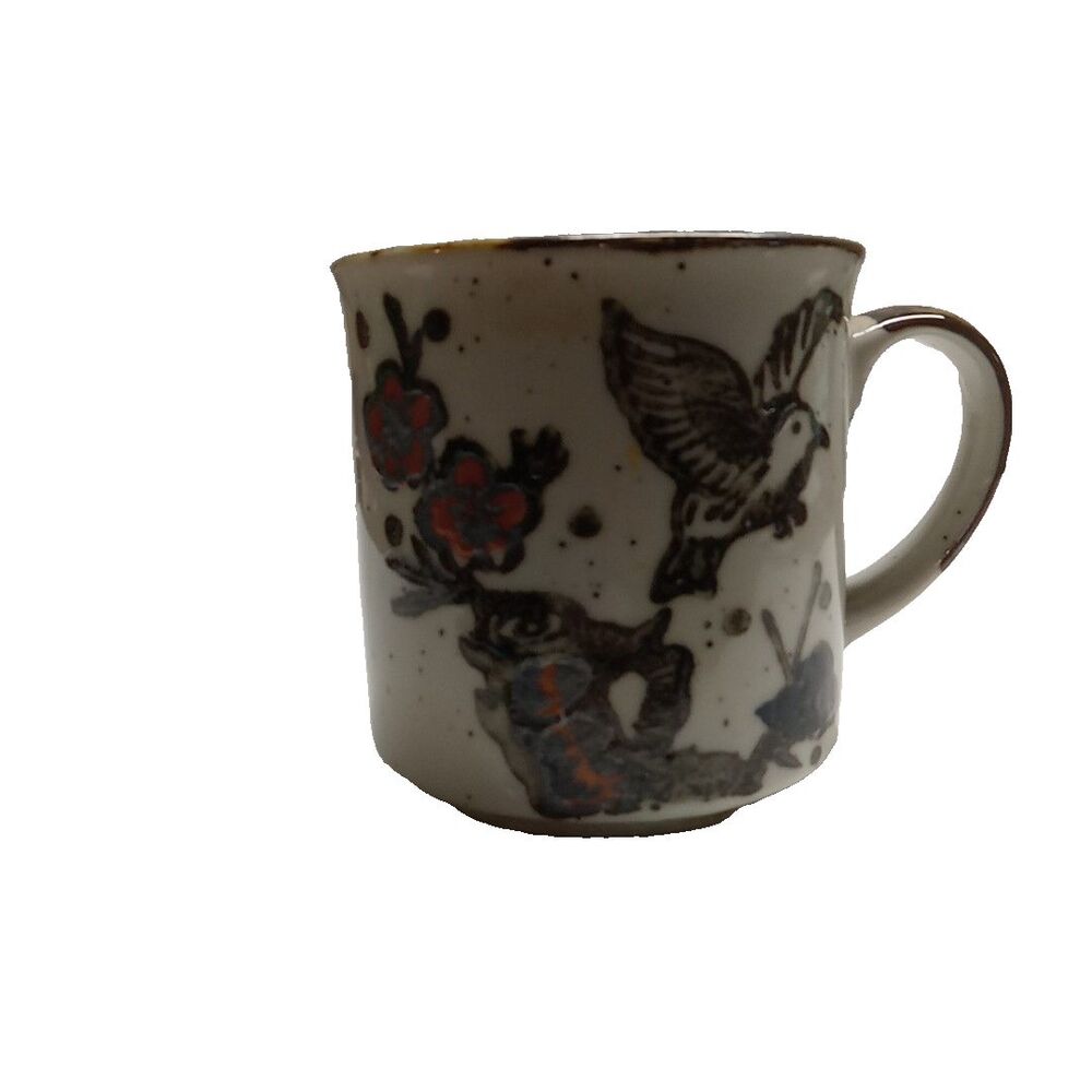 Flying Bird Stoneware Coffee Cup White with Brown Speck Rim & Handle